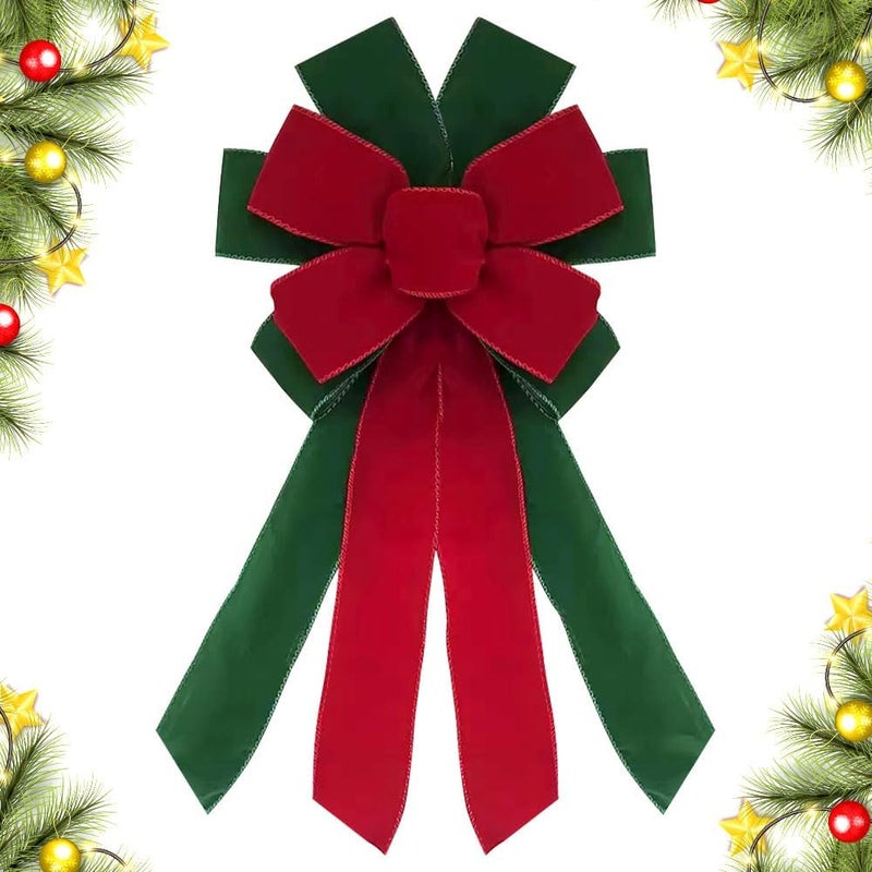 CHMOART Store Christmas Wreath Bow 20 x 11 Inches Large Christmas Bows Red Green Velvet Bow Winter Holiday DIY Craft Bow Xmas Tree Topper Ornament Bow for Home Front Door Decorations - Image 1